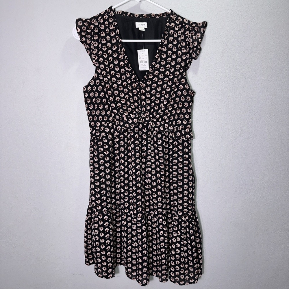 J.Crew Womens Dress Black Off White Floral Ruffled Cap Sleeve V-Neck Size 4